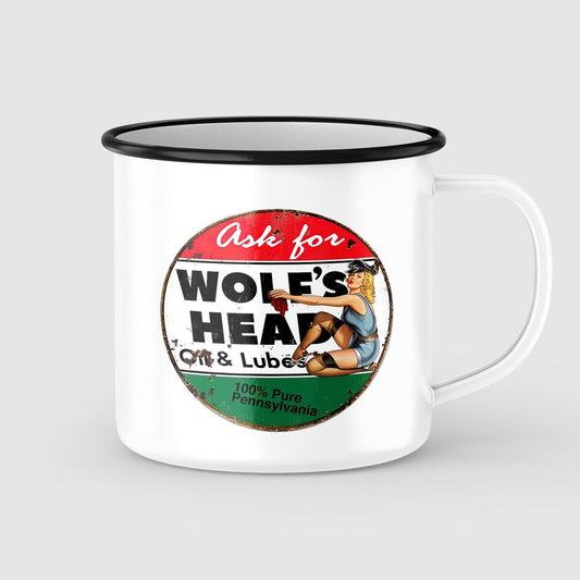 Wolfs Oil Pin-Up Vintage Emaljekrus-Krus-Vintage Garage-Garage Culture Shop- garage - man cave - merchandise
